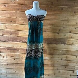 Y2K Body blue maxi dress with brown belt and floral pattern